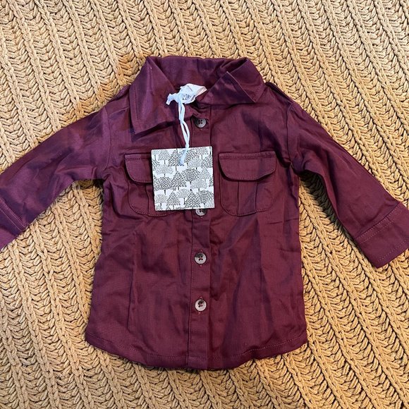 NWT Kate Quinn Organic Cotton Button Up Shirt Maroon Wine Size 3-6m - Picture 1 of 2